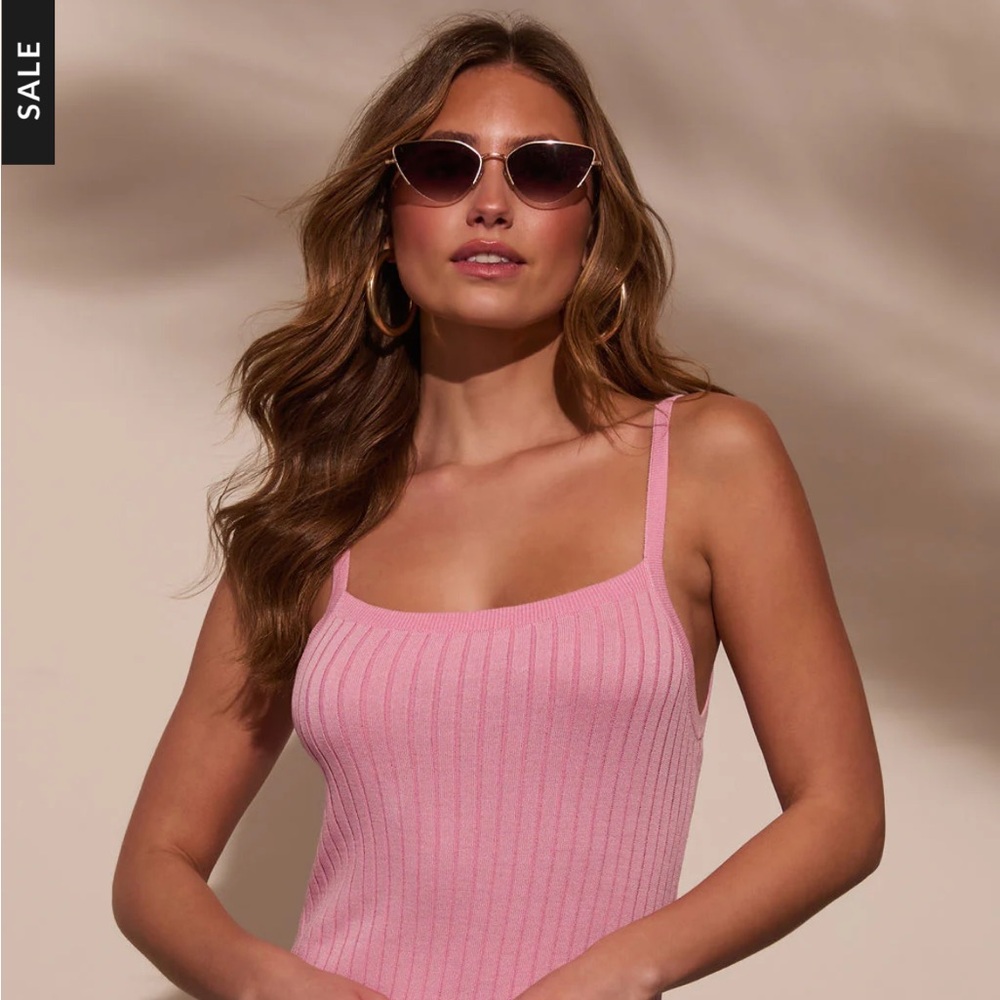 VICI Pink Ribbed Knit Bodycon Midi Dress Square Neck Side Slit Size M - Picture 4 of 14